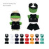 A plush doll racing suit set including a green and black outfit, cap, and various coloured shorts and tops.