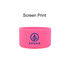 A pink silicone boot for a tumbler featuring a logo on one side.