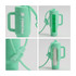A mint green lip balm holder keychain with a handle and a transparent section, featuring a logo.