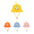 A yellow propeller hat with eyes, surrounded by orange, blue, and pink variations, all featuring a mesh design and chin strap.