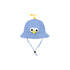 A blue propeller hat featuring a mesh design, large eyes, and a yellow spinning propeller on top.