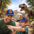 A drink bottle featuring red and blue 3D PVC decor caps with dinosaur designs, set in a vibrant outdoor landscape.