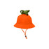 An orange bucket hat featuring a green dinosaur plush on top, with an adjustable chin strap.