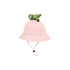 A pink bucket hat with a green dinosaur plush toy on top and an adjustable chin strap.