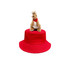 A red decorated bucket hat featuring a plush kangaroo toy on top.