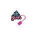A drink bottle feature with a custom shape straw cover in black, pink, and blue colours, with playful text.