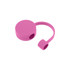 A round pink silicone straw cover with a looped handle, featuring a small opening for a straw.