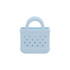 A light blue mini EVA bag charm with perforated design and two handles, featuring a logo.