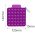 A purple square push bubble board with various sized bubbles, featuring a clip for attachment. Dimensions are indicated.