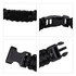 A black paracord bracelet featuring a metal plate and plastic clasp. Includes detailed views of the clasp and woven design.
