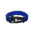 A blue survival bracelet featuring a compass and a secure clasp. The bracelet is made of durable paracord.