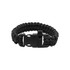 A black paracord bracelet featuring a sturdy buckle and a built-in whistle.