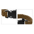 A tan paracord bracelet featuring a black clasp and a built-in whistle. The design is functional and durable.