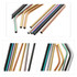 A collection of stainless steel straws in various colours, including gold, copper, black, and rainbow finishes.