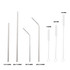 A collection of stainless steel drinking straws in various lengths and a cleaning brush, featuring a sleek silver finish.