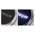 A black circular wireless charger with a metallic border, featuring a logo that lights up in white.