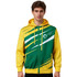 A men's track jacket in green and yellow, featuring a hoodie and a branded logo.