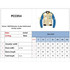 A unisex varsity jacket featuring a beige and blue design, with a logo and size chart included.