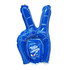 A blue inflatable hand in a peace sign gesture, featuring a logo on the palm.