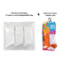 A set of knee-high custom pattern socks in vibrant orange, blue, and white colours, packaged in a biodegradable bag.