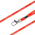 An orange poly rope lanyard with a metal clasp and a logo along the length.