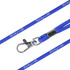 A blue poly rope lanyard with a metal clip and a branding logo along the length.