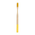 A large round handle bamboo toothbrush with a yellow head and a natural bamboo handle. It features a logo.