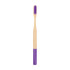 A large bamboo toothbrush with a round handle featuring a purple base and soft bristles. It includes a logo on the handle.