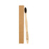 A bamboo toothbrush with a large wavy handle, displayed alongside a kraft cardboard box. The toothbrush has black bristles and a logo.
