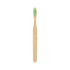 A large flat handle toothbrush with a bamboo body and green bristles. It features a simple design and a logo.