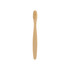A small bamboo toothbrush with a light brown handle and bristles at one end, featuring a simple design.