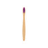 A small bamboo toothbrush with a purple bristle head and a light bamboo handle, featuring a simple design.