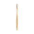 A large bamboo toothbrush with a wooden handle and white bristles. It features a simple design and includes a logo.