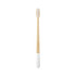 A large, conical handle toothbrush with a white base and a natural bamboo handle. It features colourful bristles.