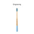 A wooden toothbrush with a large conical handle, featuring a blue end and a textured bristle head. It has a logo.