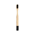 A small round handle bamboo toothbrush with a natural wooden body and a black bristle head. It features a branding logo.