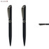 A set of black metal pens with a sleek design and a silver clip. The image includes a logo.