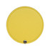 A round makeup mirror in bright yellow with a textured finish and a silver snap button.