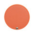 A round makeup mirror with an orange textured surface and a silver snap closure. It features a simple, sleek design.