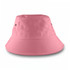 A pink bucket hat with a simple design and ventilation eyelets, featuring logo branding.