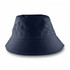 A navy blue bucket hat with a wide brim and a logo. Suitable for casual wear or outdoor activities.