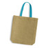 A jute tote bag with a natural brown body and turquoise handles. The bag has a logo.