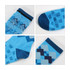 Crew woven work socks in various shades of blue, featuring different patterns and textures, with a branding logo.