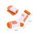 Crew woven sport socks in white and orange, featuring a striped design. One sock is laid flat, and another is rolled.