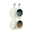 A round folding pocket mirror in cream, featuring two circular mirrors with a leather-like finish and a button closure.
