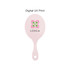A pink handheld makeup mirror with a floral logo design in the centre.