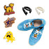 Custom shoelace charms in various colours, including a dog design and other shapes, alongside blue sneakers.