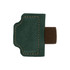 A green magnetic bookmark with a brown pen clip features contrasting stitching and a textured surface.
