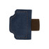 A navy blue magnetic bookmark with a pen clip, featuring brown stitching and a textured material.