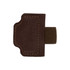 A magnetic bookmark with a pen clip, featuring a brown fabric cover and a textured strap. It has a logo.